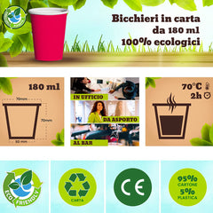 Pack de 50 Gobelets carton Rouge 180 ml jetables, biodégradables et compostables