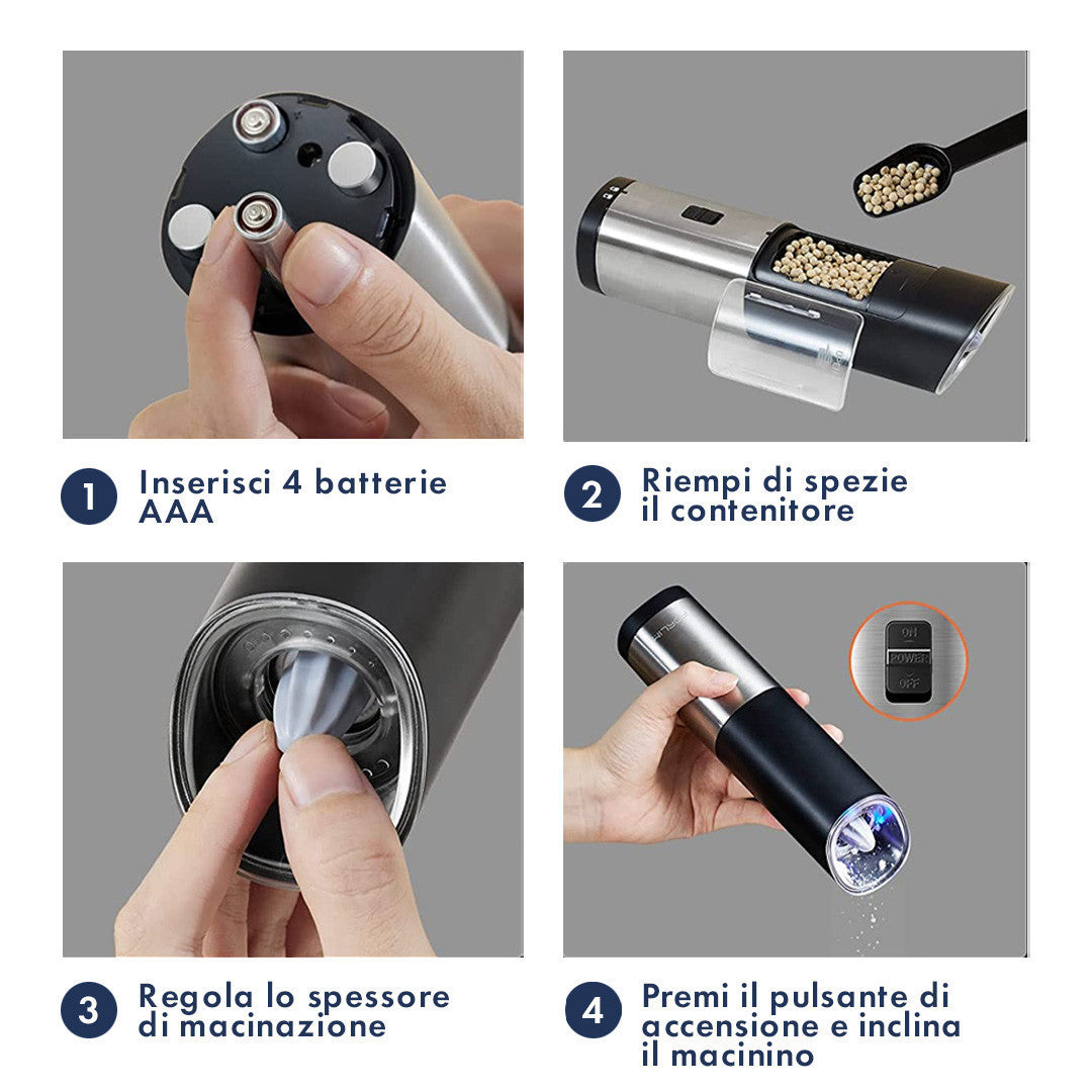 Moulin à sel et à poivre électrique alimenté batterie en acier bouton réglable