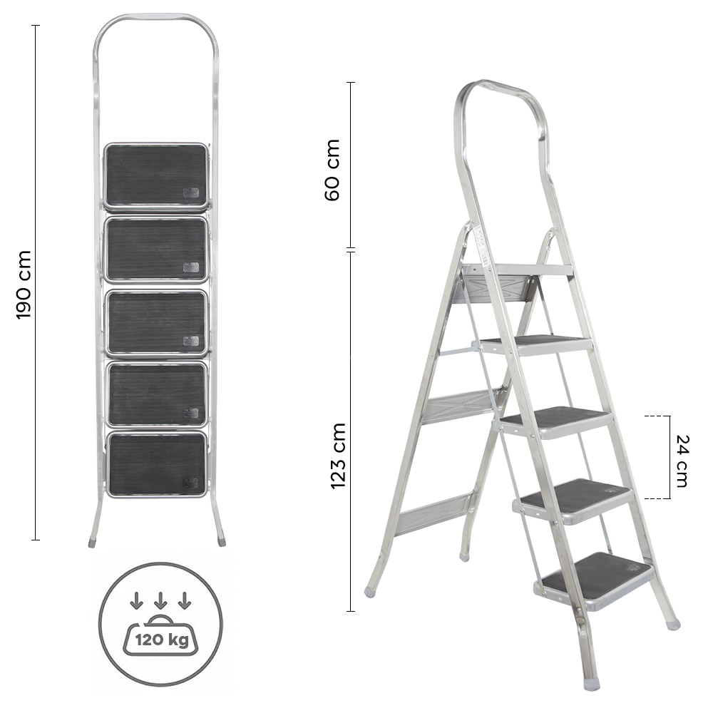 SCAB Échelle Aluminium 5 Marches 182cm art.762 Tabouret avec Crochet de Sécurité