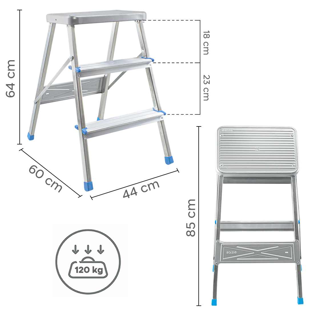 Tabouret 3 marches SCAB en aluminium H64cm art.850 avec crochet de sécurité