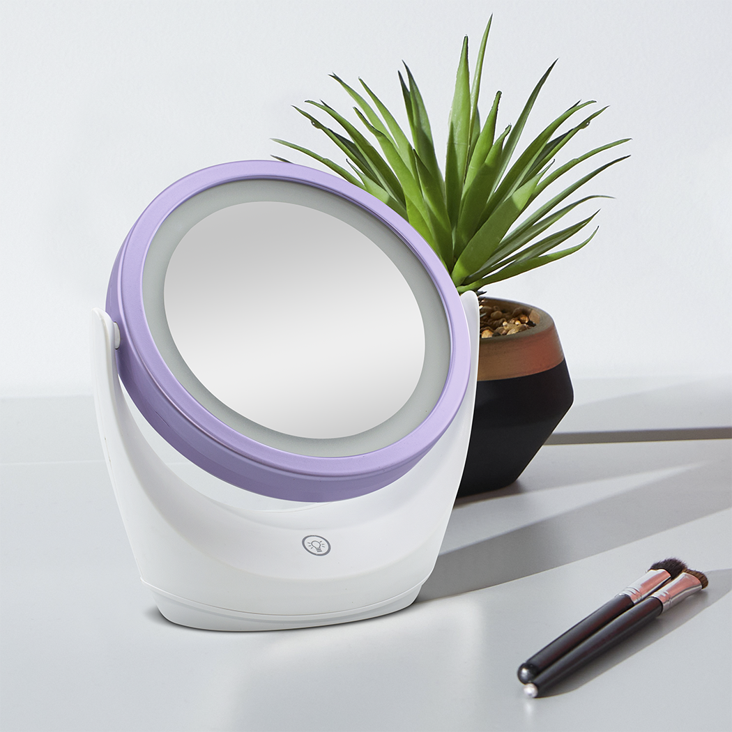 Miroir de table avec zoom 5x, lumière LED, miroir cosmétique rotatif à 360°