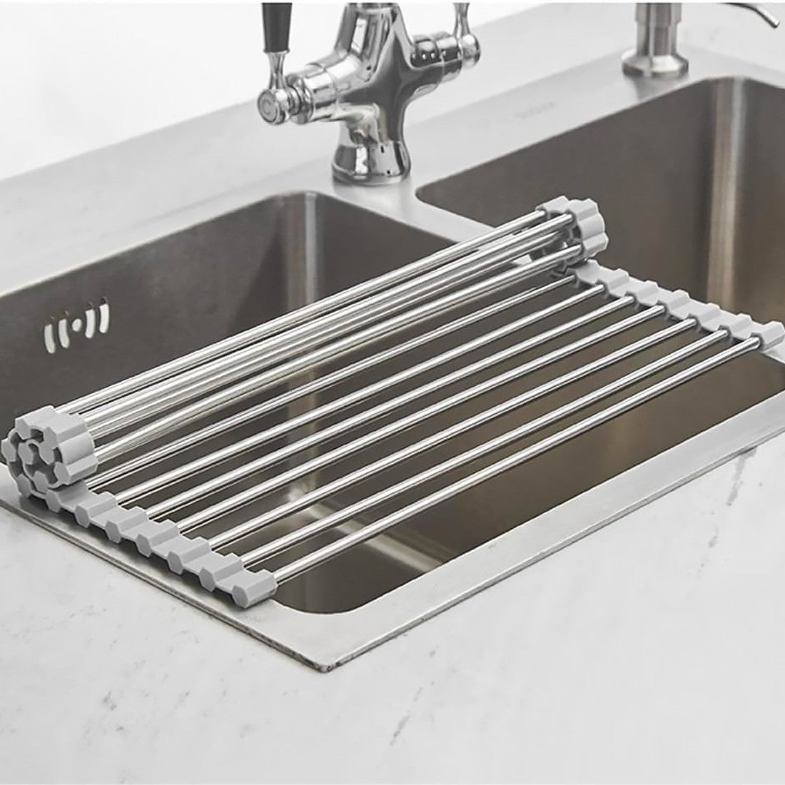 Égouttoir Pliable pour Évier Gain de Place en Acier Multifonction Gris 36x47.4cm