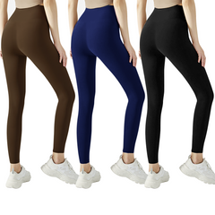 3 leggings sport pour femmes en noir bleu et marron en tissu élastique d'automne
