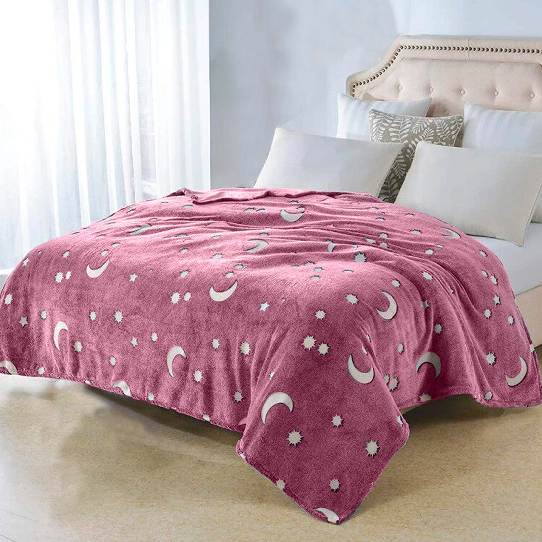 Couverture magique enfants en peluche rose avec des étoiles fluorescent 170x180