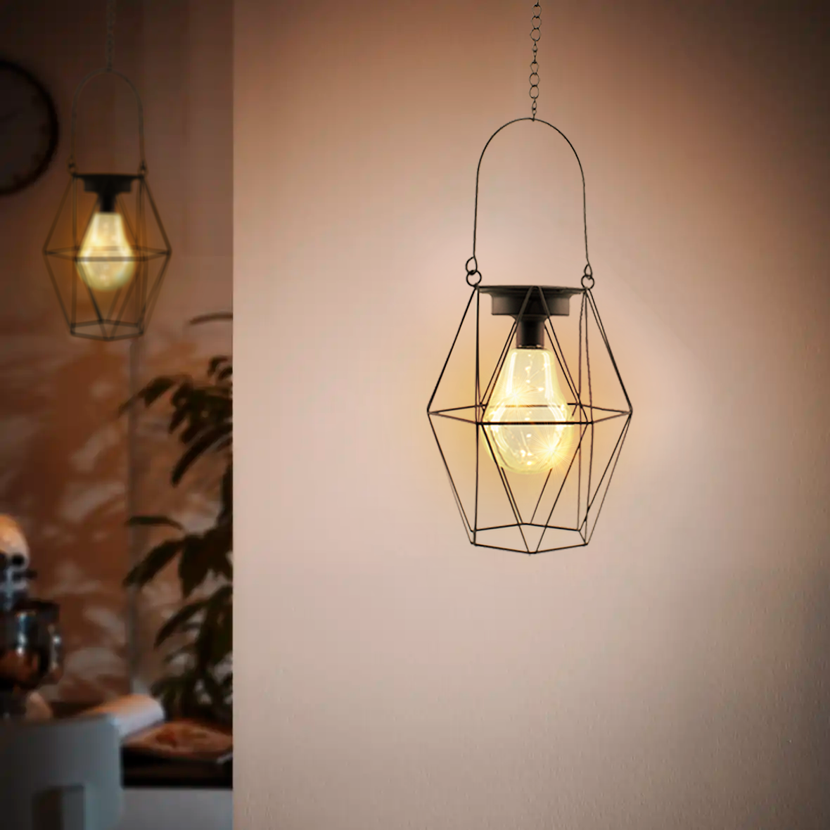 Lanterne extérieure avec mini-lumières LED à pile - Lampe suspendue factice
