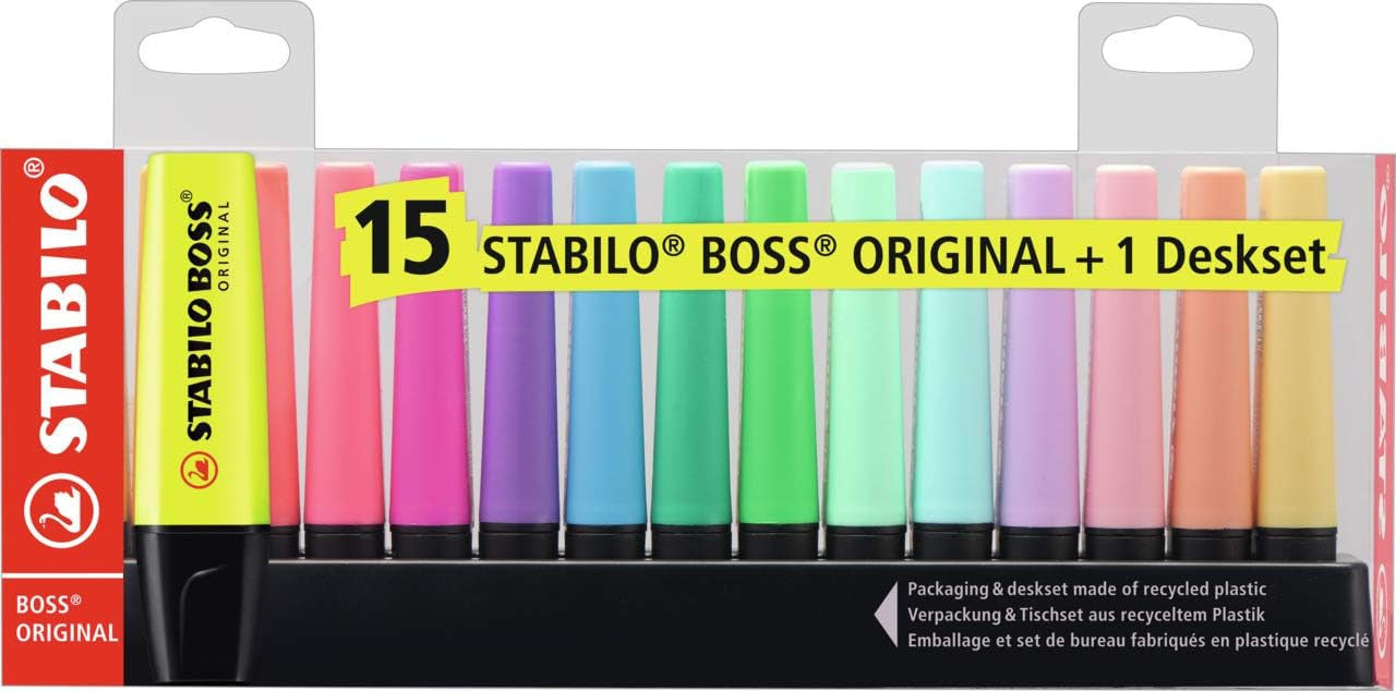 Marqueurs STABILO BOSS ORIGINAL ensemble 15 couleurs variées, 9 néon + 6 pastel