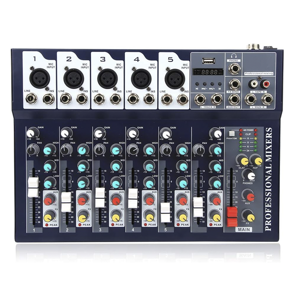 Mélangeur Audio 7 Canaux Professionnel Bluetooth Alimentation Phantom 48V Effet
