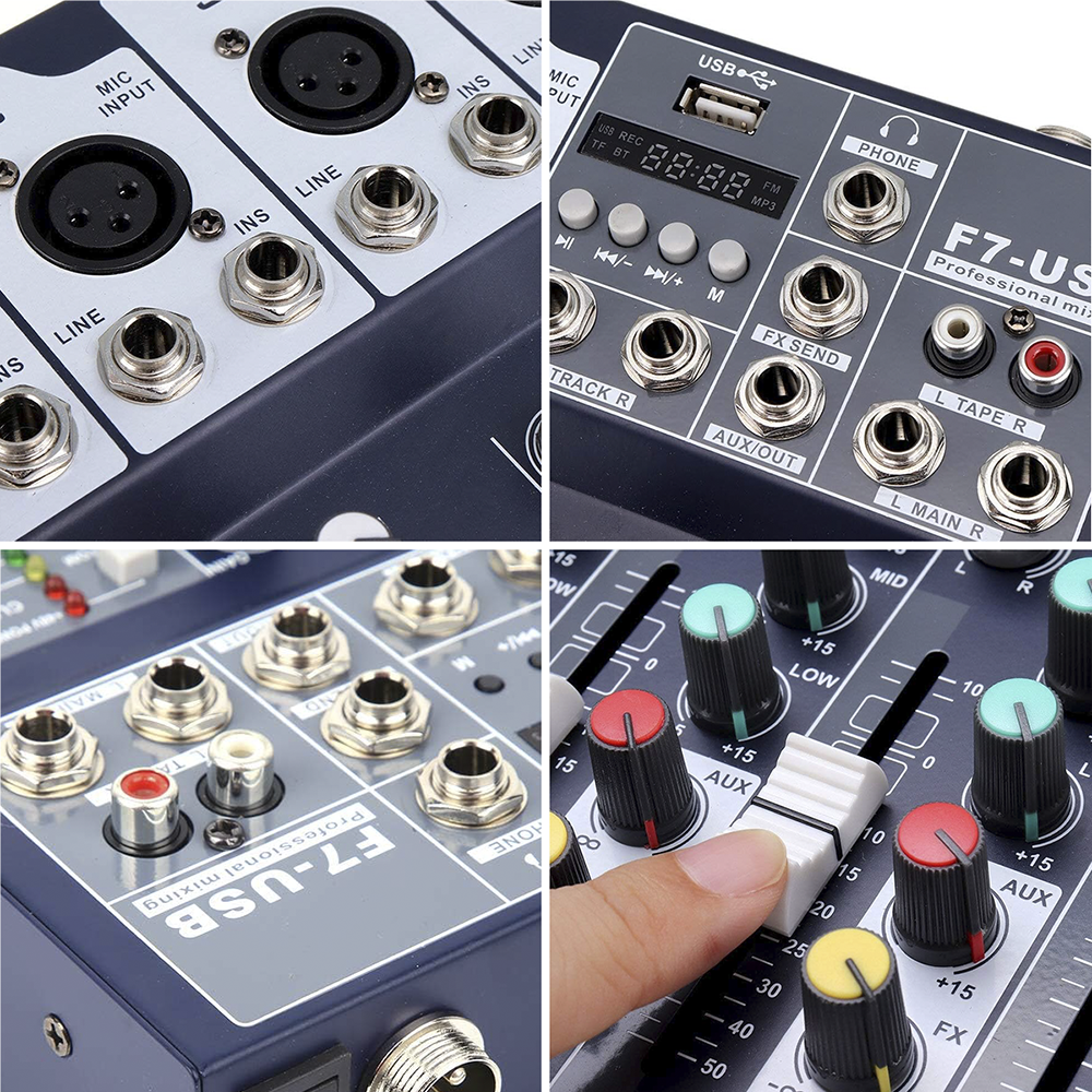 Mélangeur Audio 7 Canaux Professionnel Bluetooth Alimentation Phantom 48V Effet