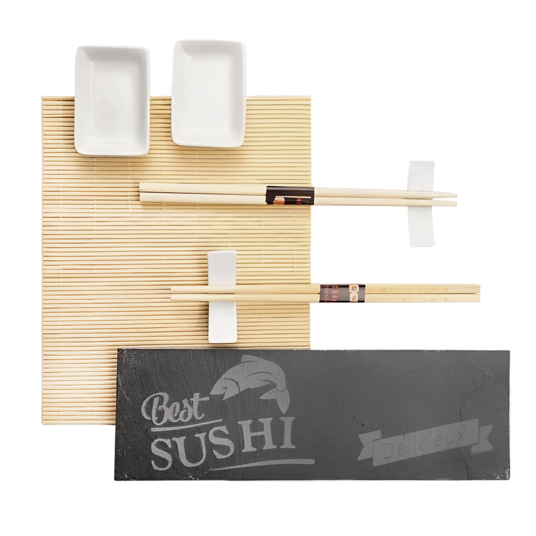 Service Sushi 2 personnes 10 pièces tapis bambou assiette ardoise baguettes bols