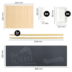 Service Sushi 2 personnes 10 pièces tapis bambou assiette ardoise baguettes bols