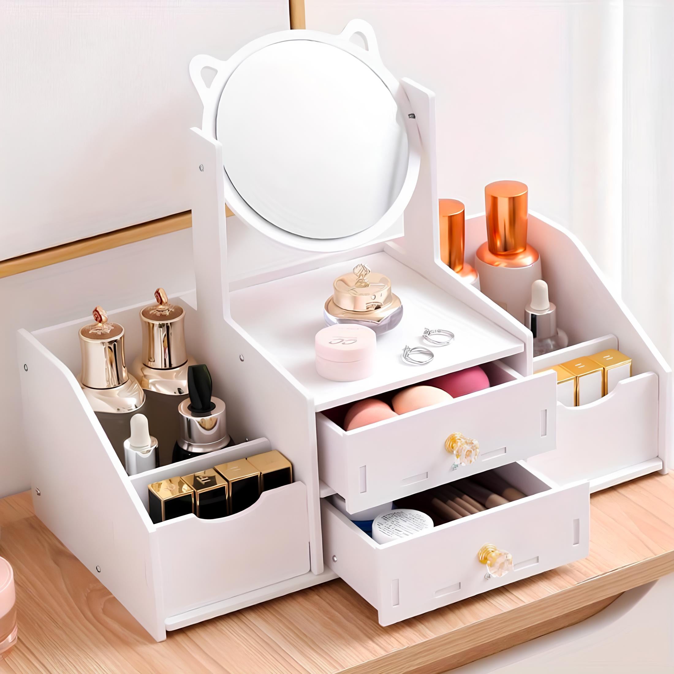 Coiffeuse table mini Porte-maquillage Organisateur bijoux Blanc Miroir Tiroirs