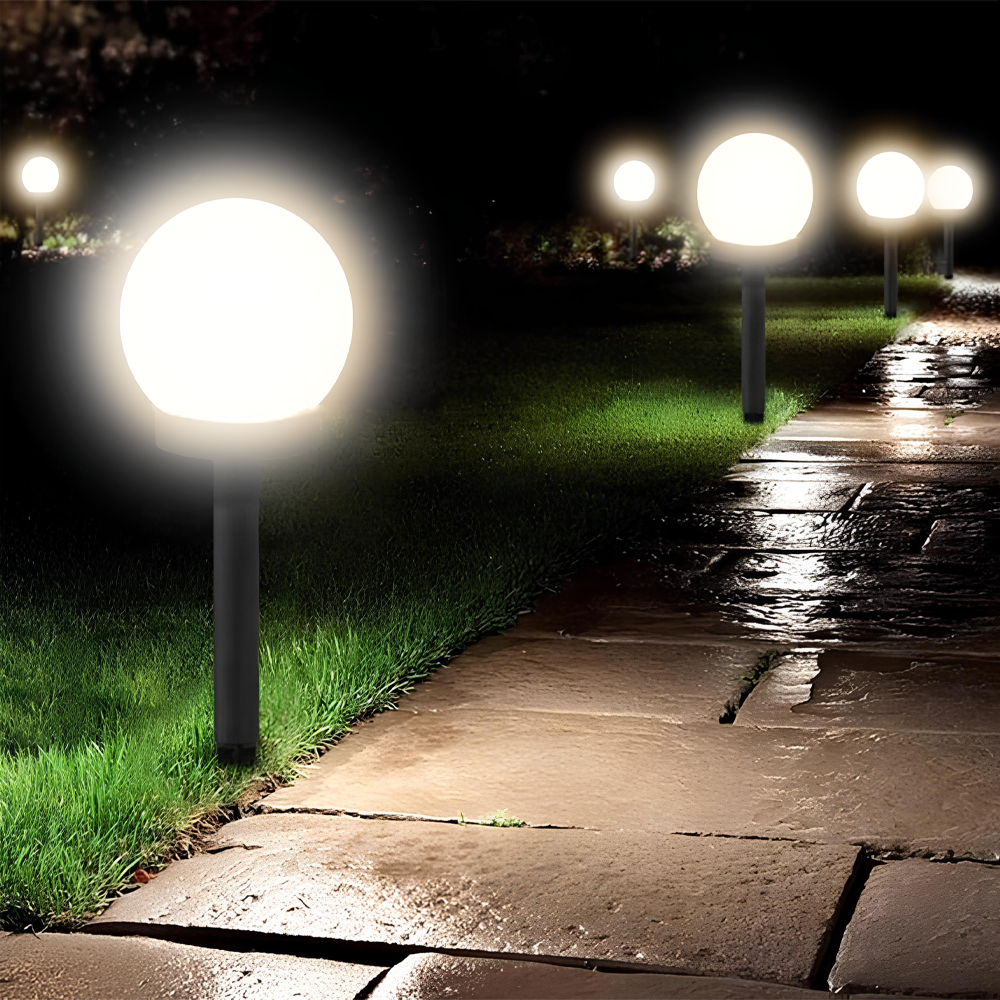 Pack 8 lampes solaires sphériques rechargeables de 15 cm avec piquet pour jardin