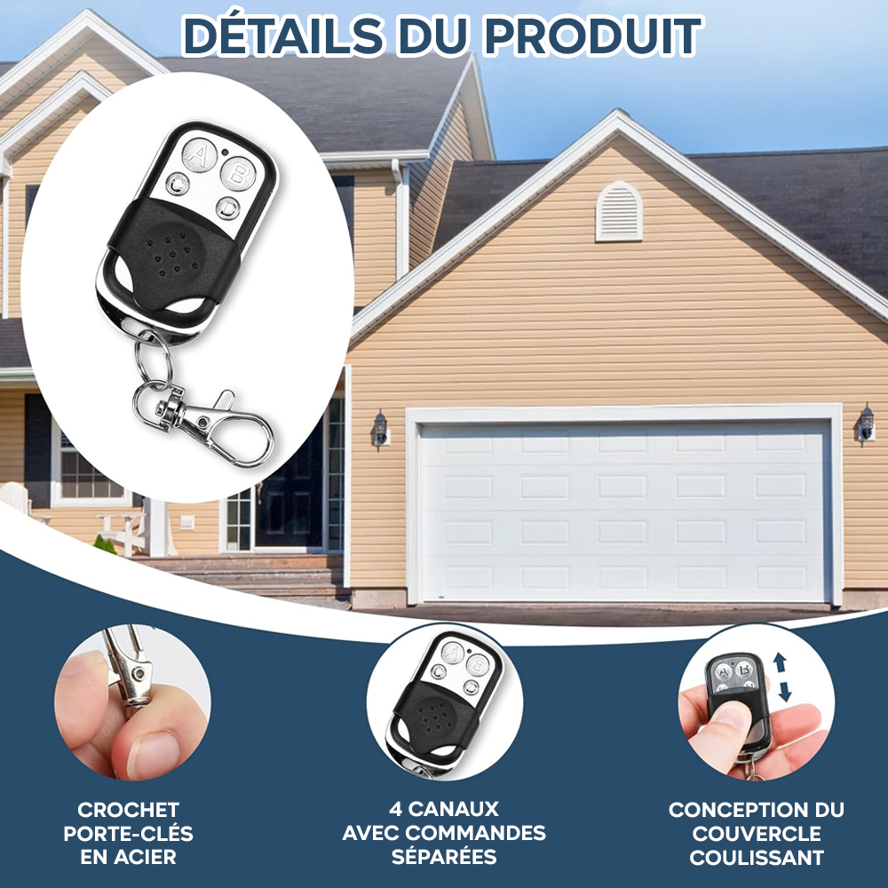 4 pz Télécommande universelle 4 canaux 433 MHz multifonction poche avec crochet