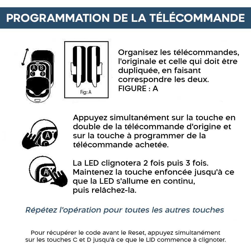 2 pz Télécommande Universelle 4 canaux 433MHz Multifonction Poche avec Crochet