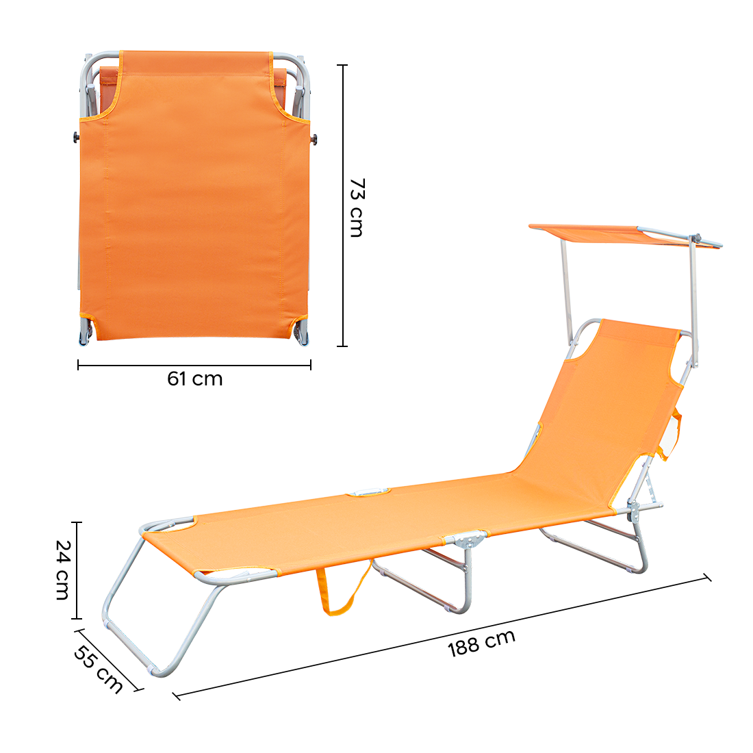 Chaises longues pliantes 2 pièces dossier inclinable et pare-soleil acier 2309P