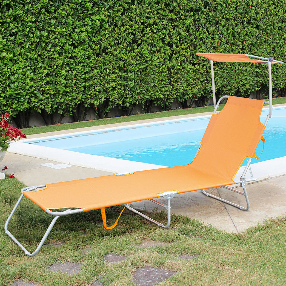 Chaises longues pliantes 2 pièces dossier inclinable et pare-soleil acier 2309P