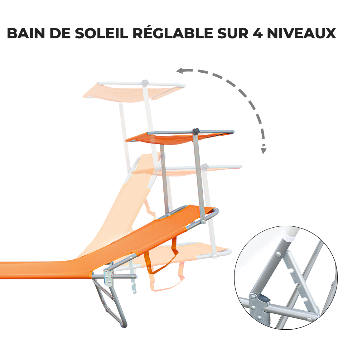 Chaises longues pliantes 2 pièces dossier inclinable et pare-soleil acier 2309P