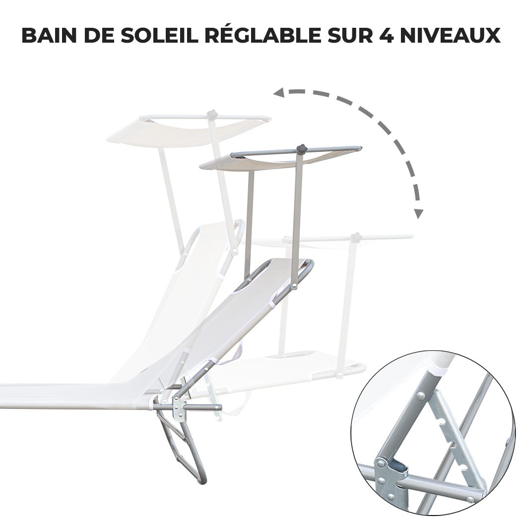 Chaises longues pliantes 2 pièces dossier inclinable et pare-soleil acier 2309P