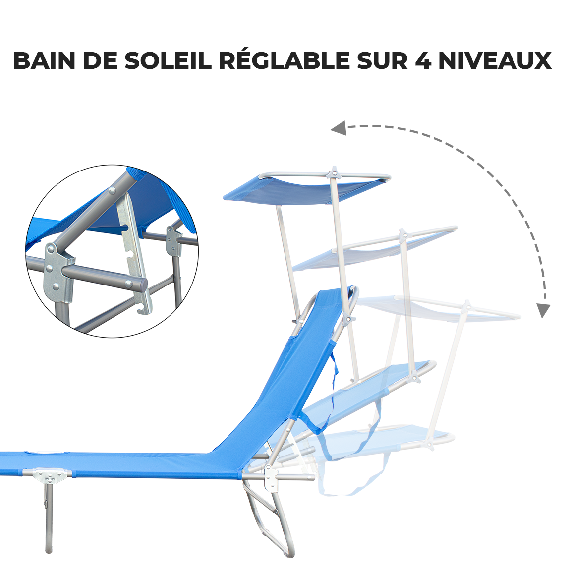 Chaises longues pliantes 2 pièces dossier inclinable et pare-soleil acier 2309P