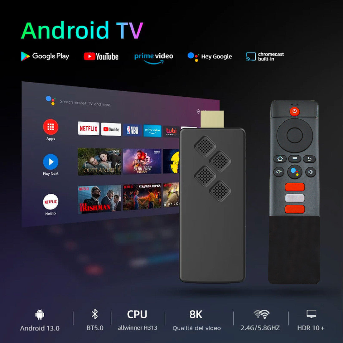 TV Box Stick Streaming 8K HD ANDROID Connexion Wi-Fi avec télécommande vocale