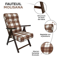 Fauteuil inclinable MOLISANA ArtLegno MAS020 structure en bois motif écossais