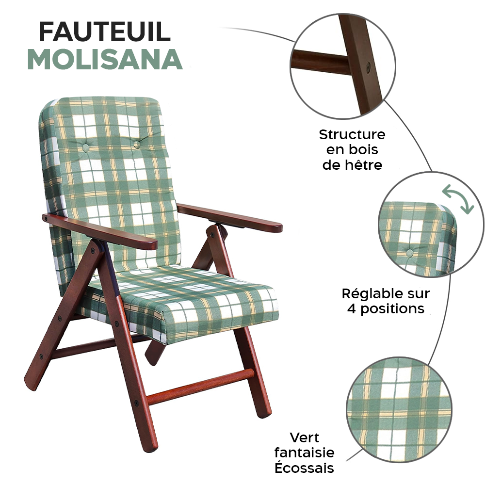 Fauteuil inclinable MOLISANA ArtLegno MAS020 structure en bois motif écossais