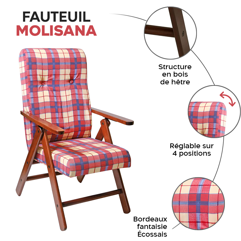 Fauteuil inclinable MOLISANA ArtLegno MAS020 structure en bois motif écossais