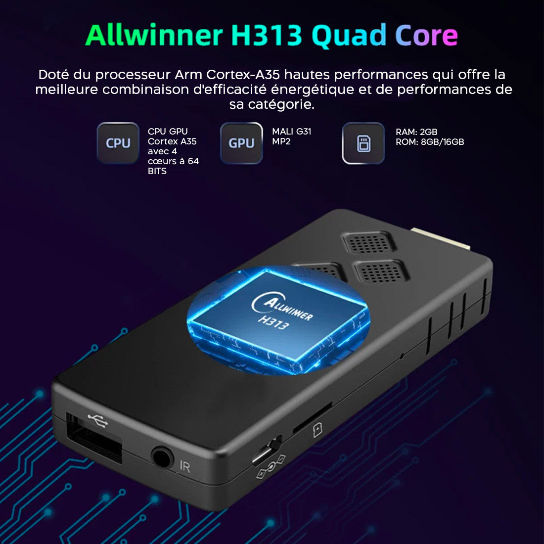 TV Box Stick Streaming 8K HD ANDROID Connexion Wi-Fi avec télécommande vocale