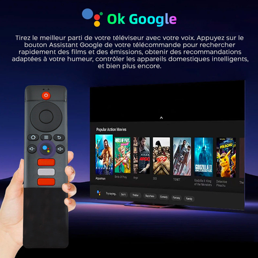 TV Box Stick Streaming 8K HD ANDROID Connexion Wi-Fi avec télécommande vocale
