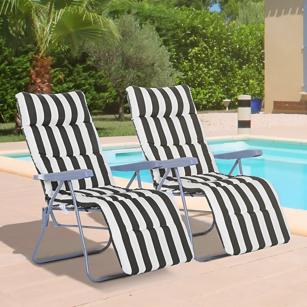 Chaise longue inclinable acier coussin rembourré à rayures et dossier ajustable.