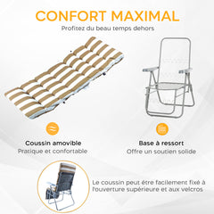 Chaise longue inclinable acier coussin rembourré à rayures et dossier ajustable.