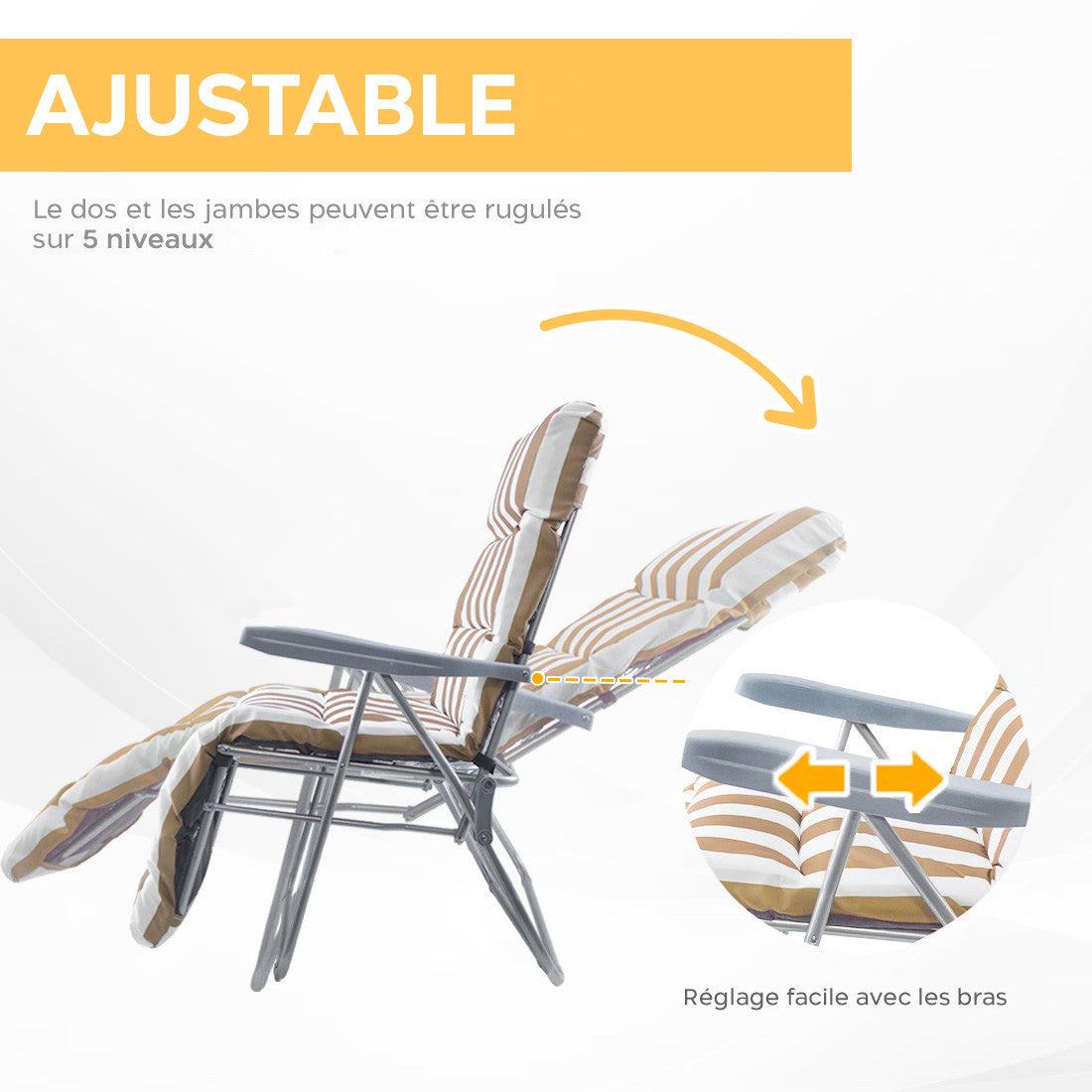 Chaise longue inclinable acier coussin rembourré à rayures et dossier ajustable.
