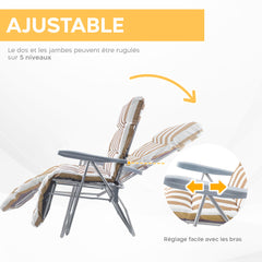 Chaise longue inclinable acier coussin rembourré à rayures et dossier ajustable.
