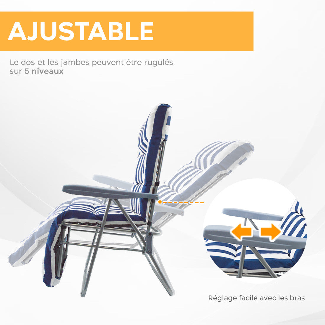 2 chaises plage inclinables acier coussin rembourré à rayures dossier réglable