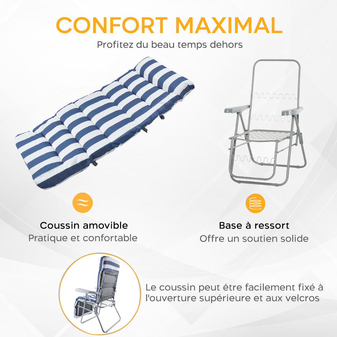 2 chaises plage inclinables acier coussin rembourré à rayures dossier réglable
