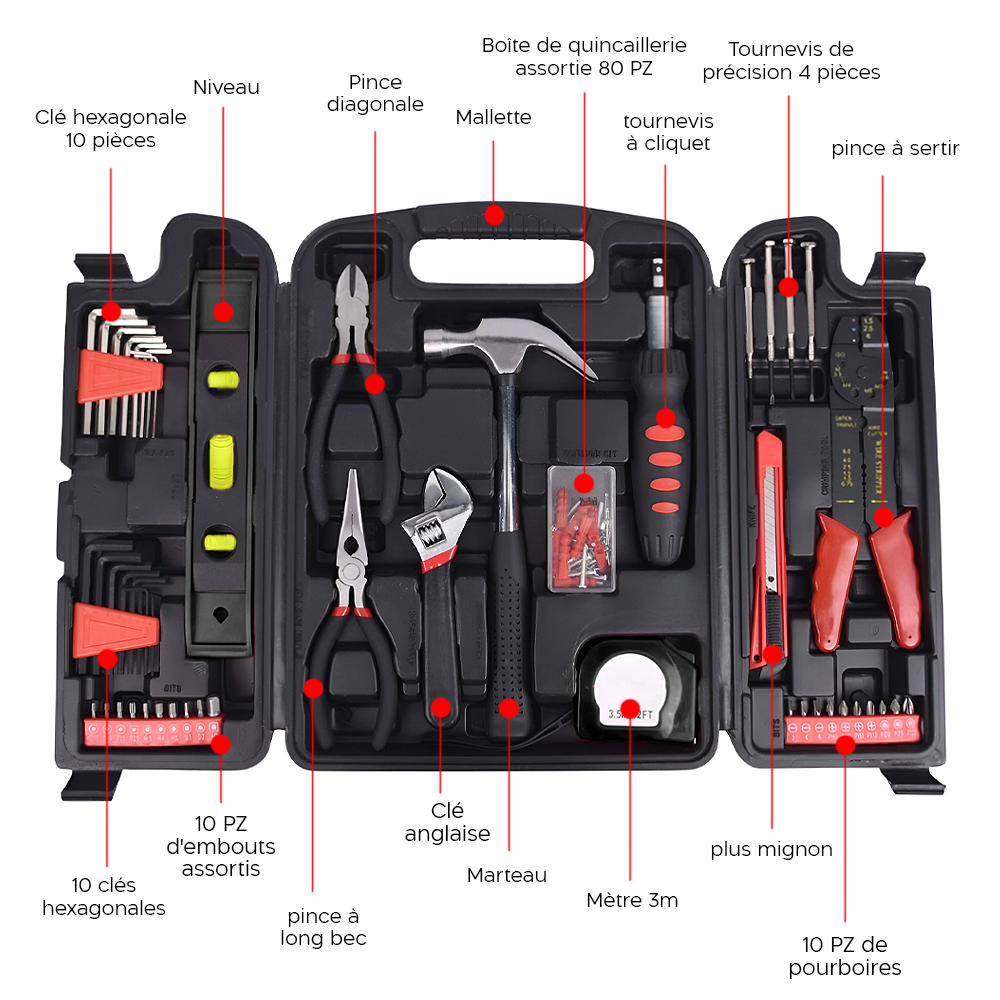 Kit Malette 129 pz Ensemble bricolage professionnel Accessoires variés mallette