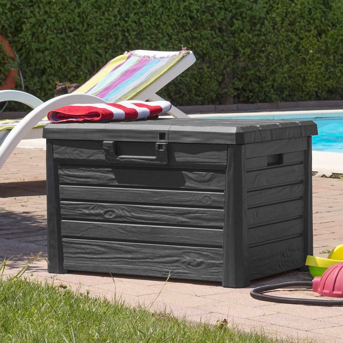 Coffre conteneur Rangement 160 LT en Résine Effet Bois pour Jardin 50.5x46.5x73