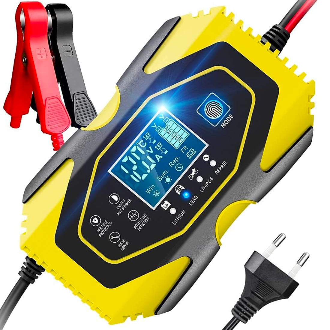 Chargeur batterie voiture moto batteries lithium plomb 12-24V câbles et écran