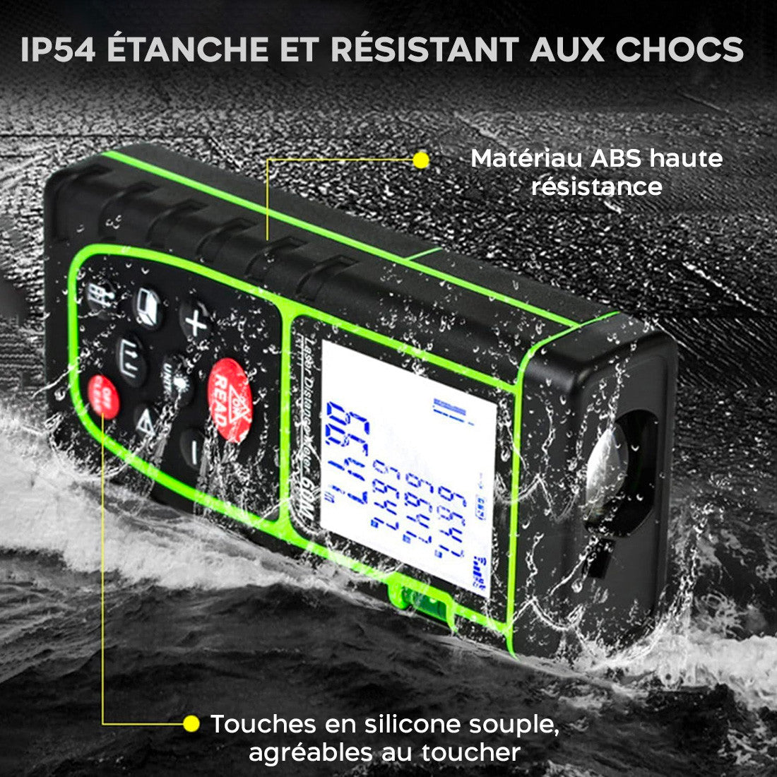 Mesureur de distance laser 40 m avec écran LCD à piles de niveau IP54