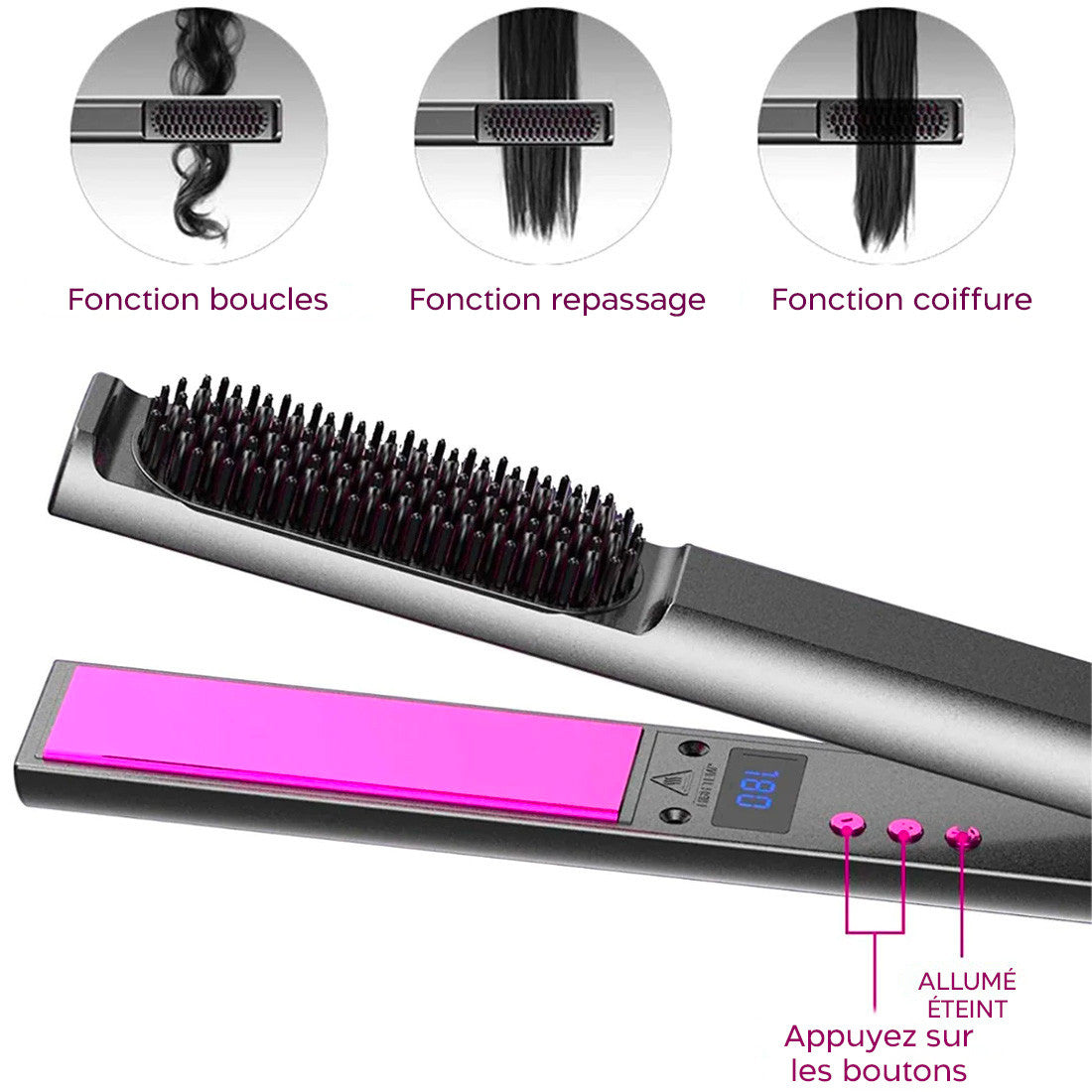 Lisseur à cheveux céramique avec brosse lissante 3en1 Écran LCD Température 230°