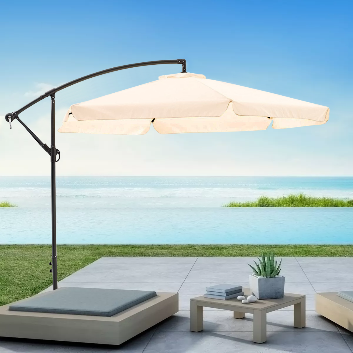 Parasol de Jardín avec Bras Décentré et Manivelle Toile Brute Ronde 3x2m