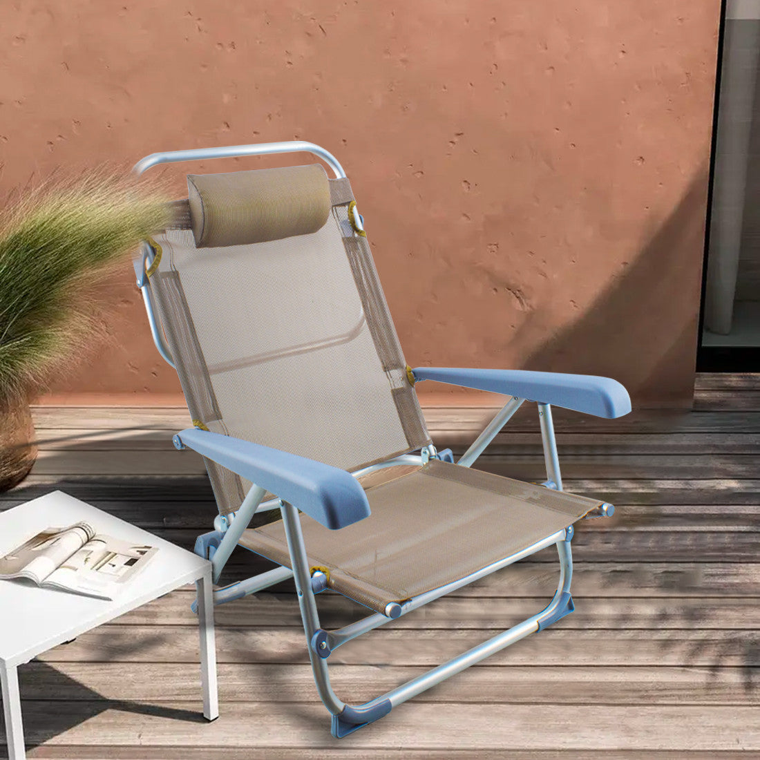 2 pièces Chaise de Plage Transat Aluminium avec Coussin Inclinable en Textilène