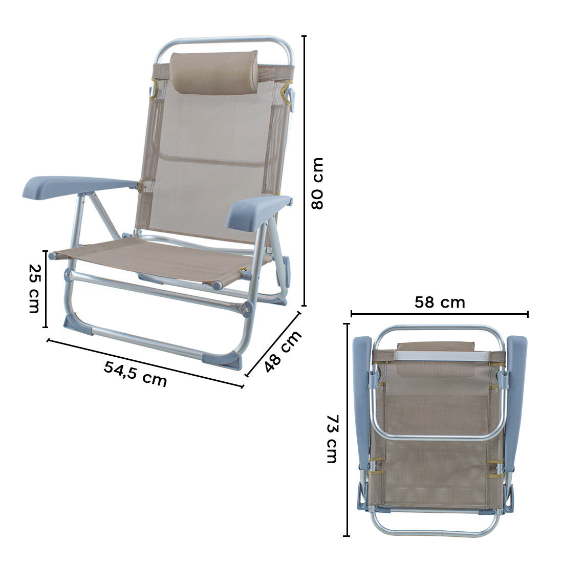 2 pièces Chaise de Plage Transat Aluminium avec Coussin Inclinable en Textilène