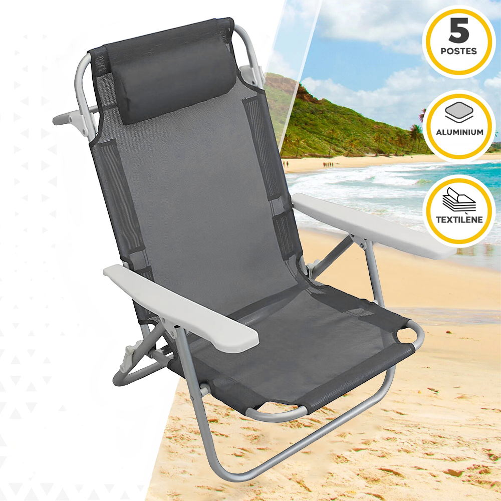 2 pièces Chaise de Plage Transat Aluminium avec Coussin Inclinable en Textilène