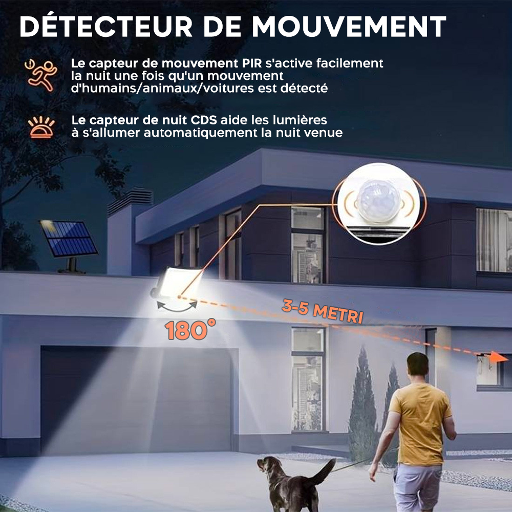 Projecteur LED mural avec panneau solaire IP6, capteur mouvement et télécommande