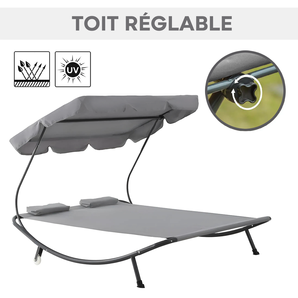Transat Double Extérieur PARADISE avec Pare-Soleil et Coussins 155x173x200