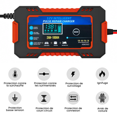 Chargeur Batterie Voiture et Moto Charge Intelligente 12V 6A Câbles et Écran LCD