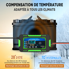 Chargeur Batterie Voiture et Moto Charge Intelligente 12V 6A Câbles et Écran LCD