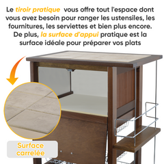 Chariot à pain 3 Tiroirs Porte-bouteilles avec Roulettes MAS018 Noyer 57x38x82