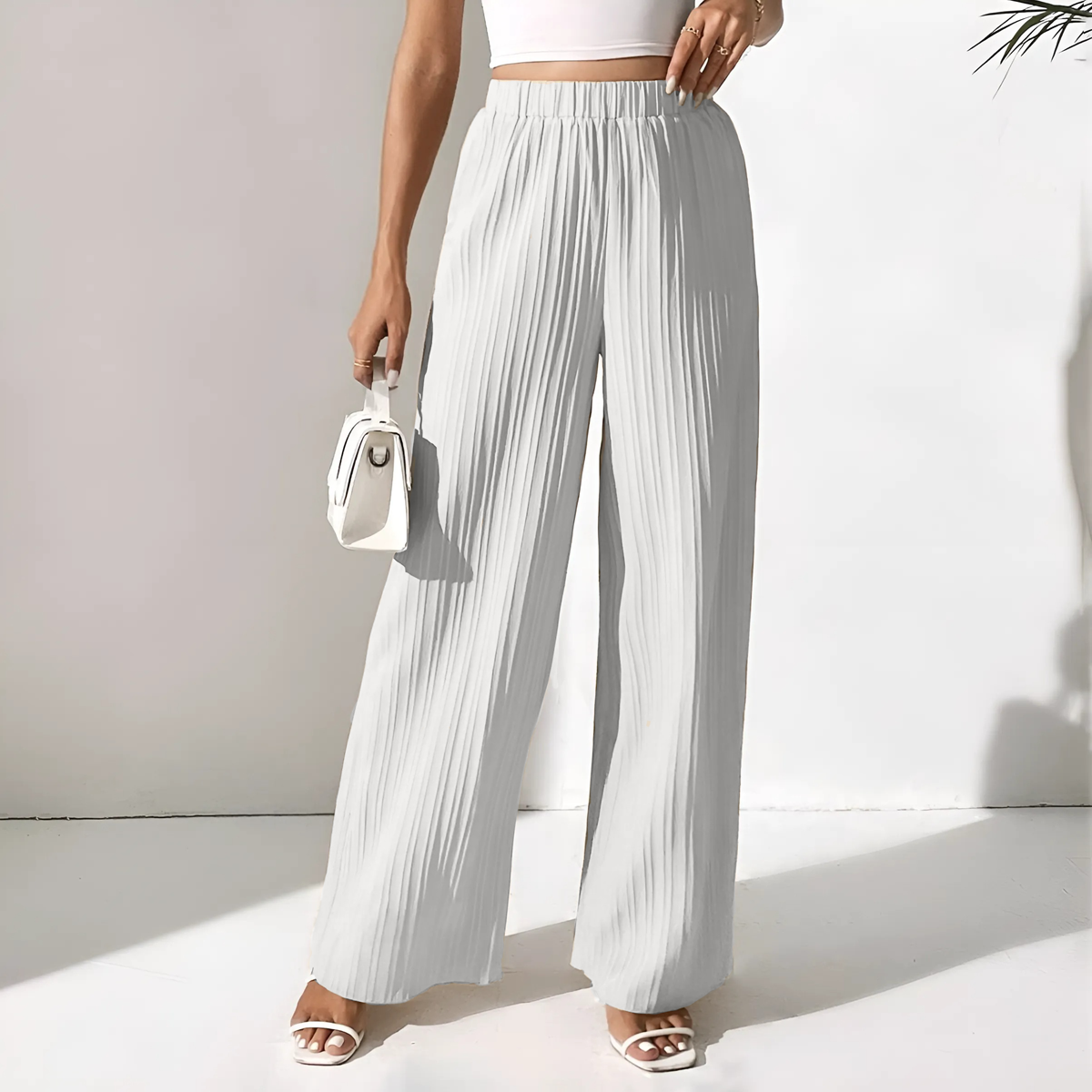 Pantalons longs d'été femme avec jambes larges et plissé texturé à taille haute